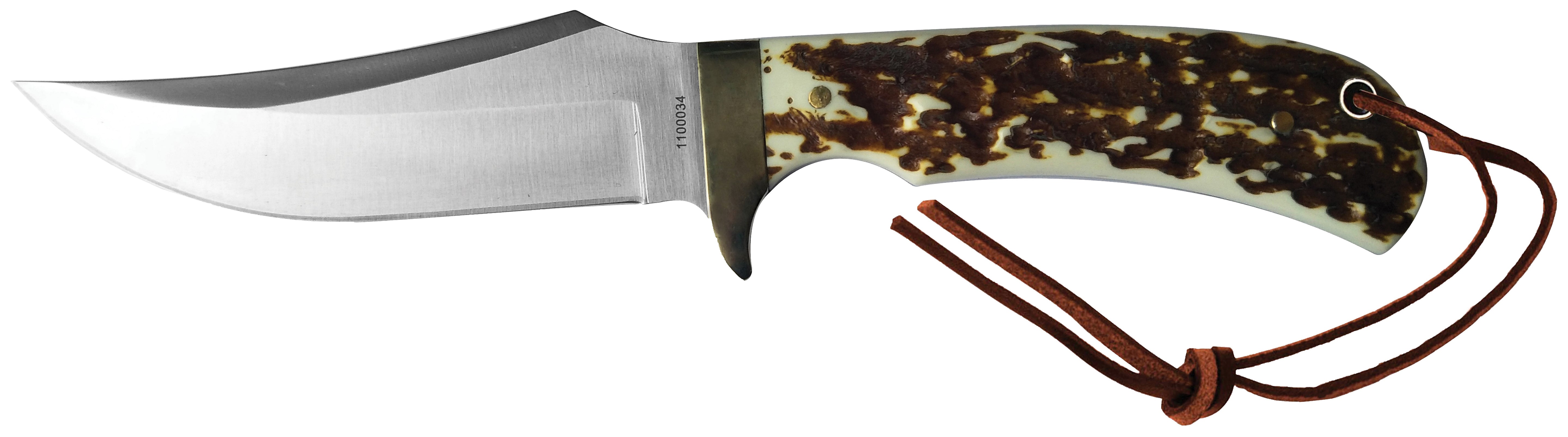 Uncle Henry Next Gen Staglon 4.25" Skinner Plain Satin Stainless Steel Blade 4.25" Staglon Handle Features Brass Finger Guard Includes Sheath