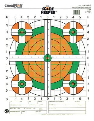 Champion - Score Keeper Target - 100 Yard Precision Sighting-In - Fluorescent Orange and Green Bullseye - 18"x14" - 12pk