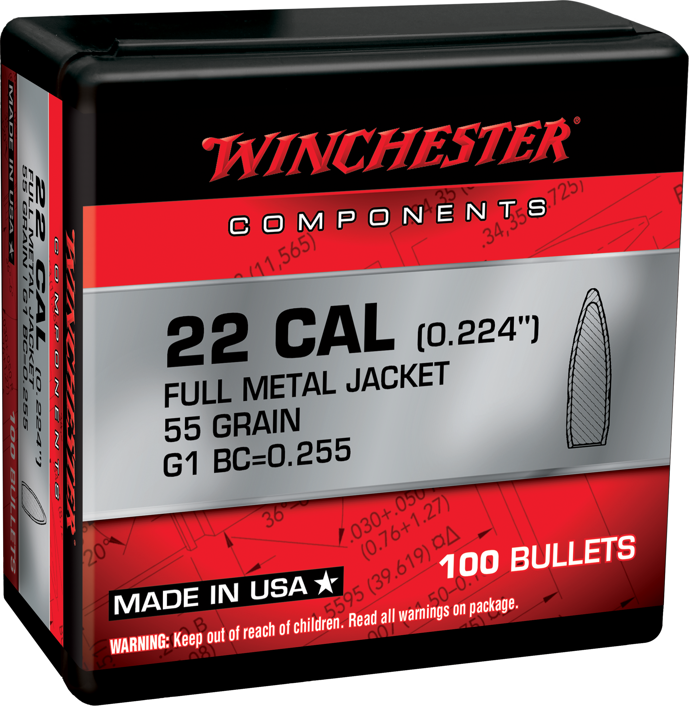 Winchester .224 55gr Full Metal Jacket Boat Tail Bullets - 100 Count