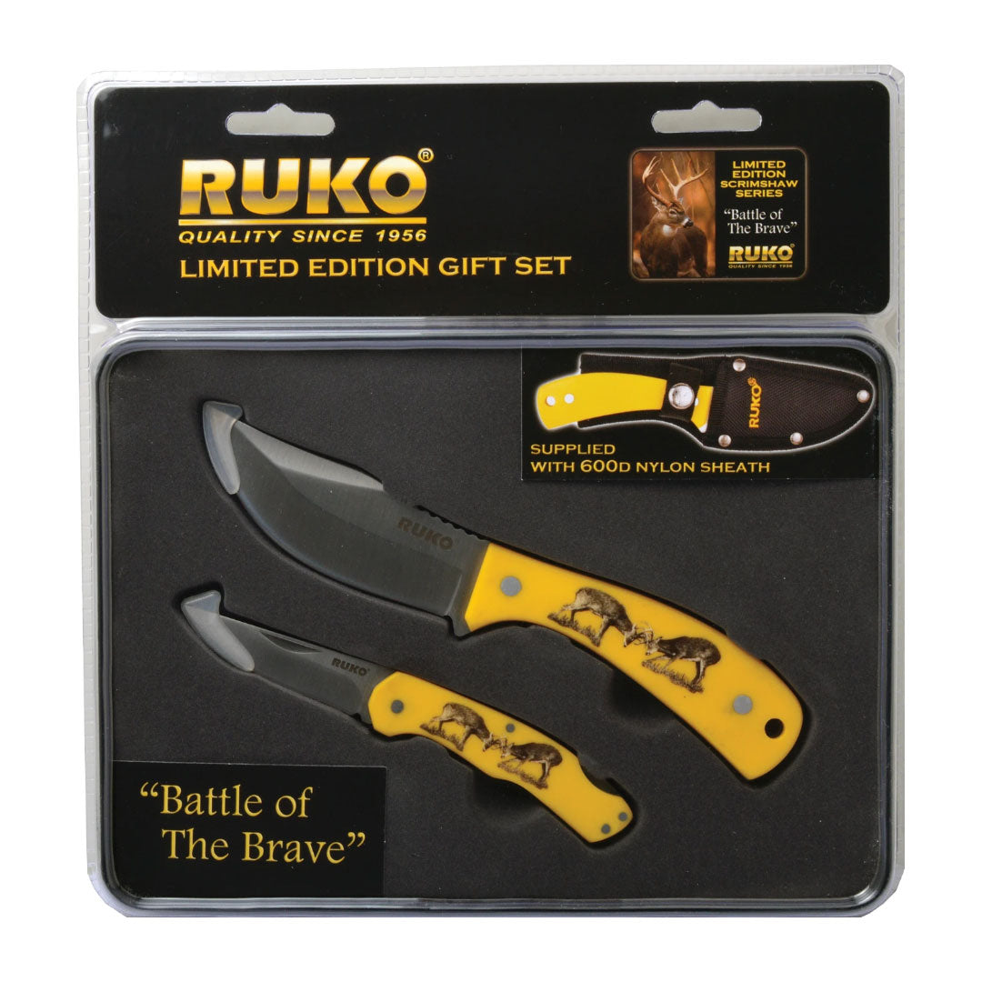 Ruko Outdoors 420A Fixed Blade & Folder Set Battle Of The Brave Gift Tin