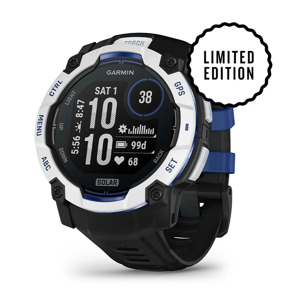 Garmin Instinct 3 – 50 mm Solar Whitestone with Black / Bolt Blue Band