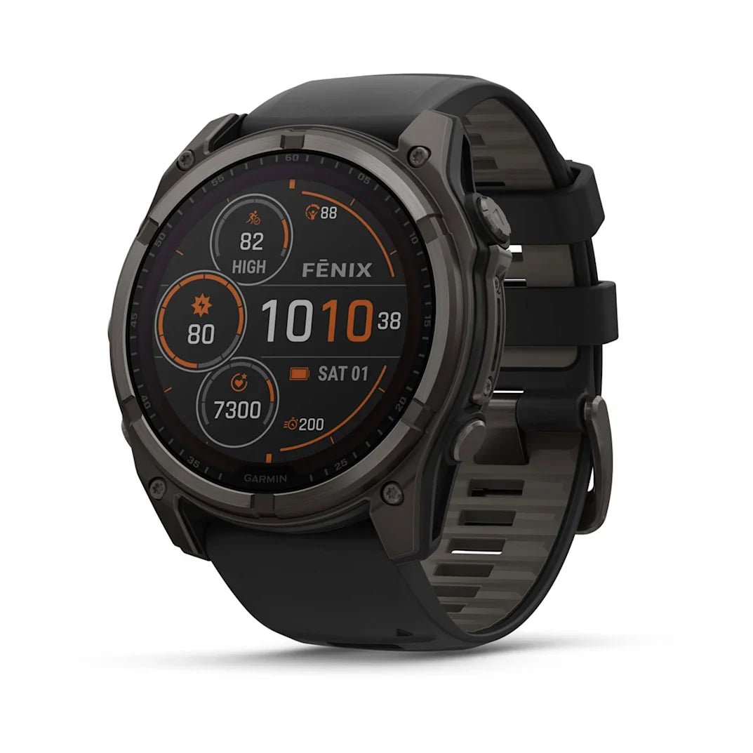Garmin fēnix 8 – 51 mm Solar Sapphire Carbon Gray DLC Titanium with Black / Pebble Gray Silicone Band