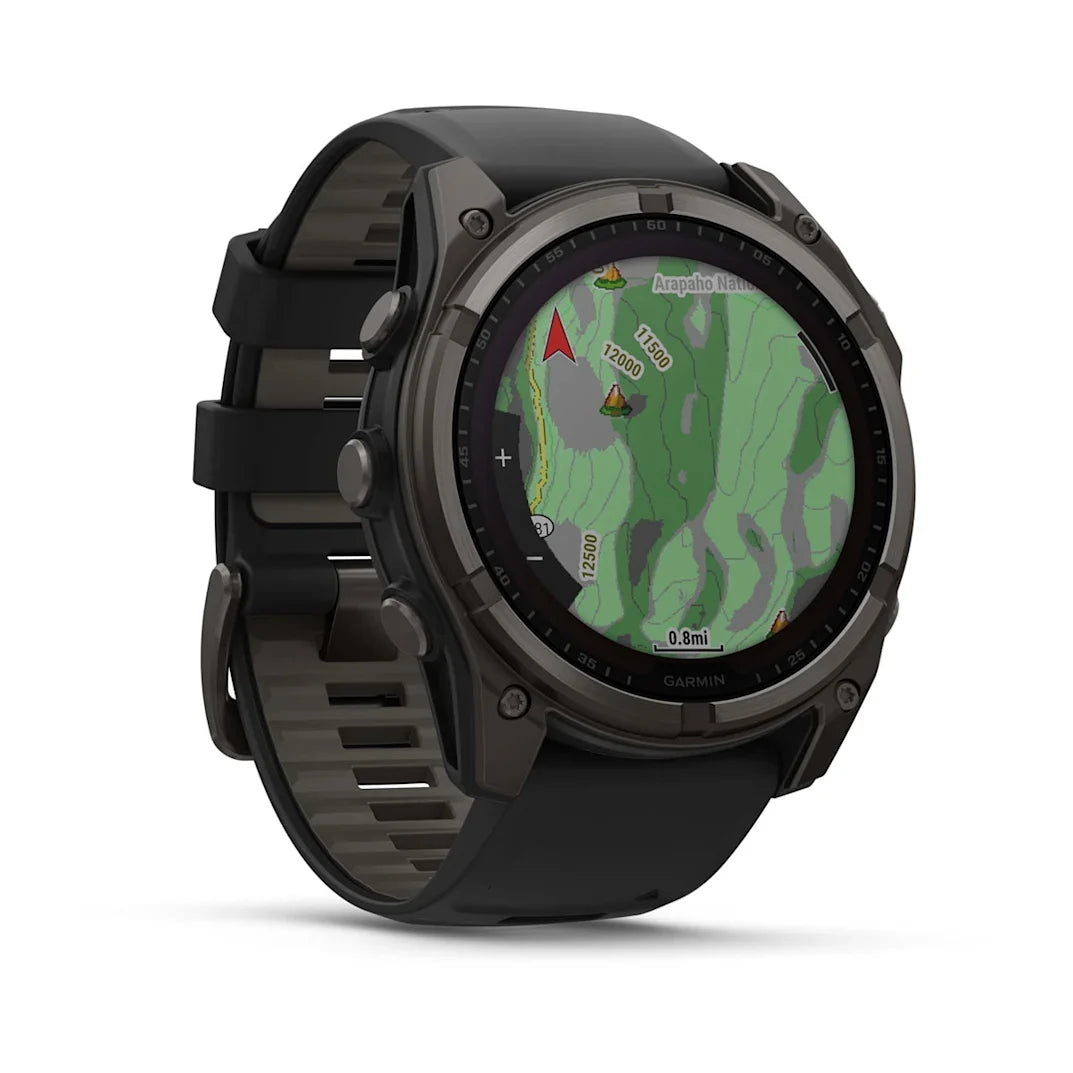 Garmin fēnix 8 – 51 mm Solar Sapphire Carbon Gray DLC Titanium with Black / Pebble Gray Silicone Band