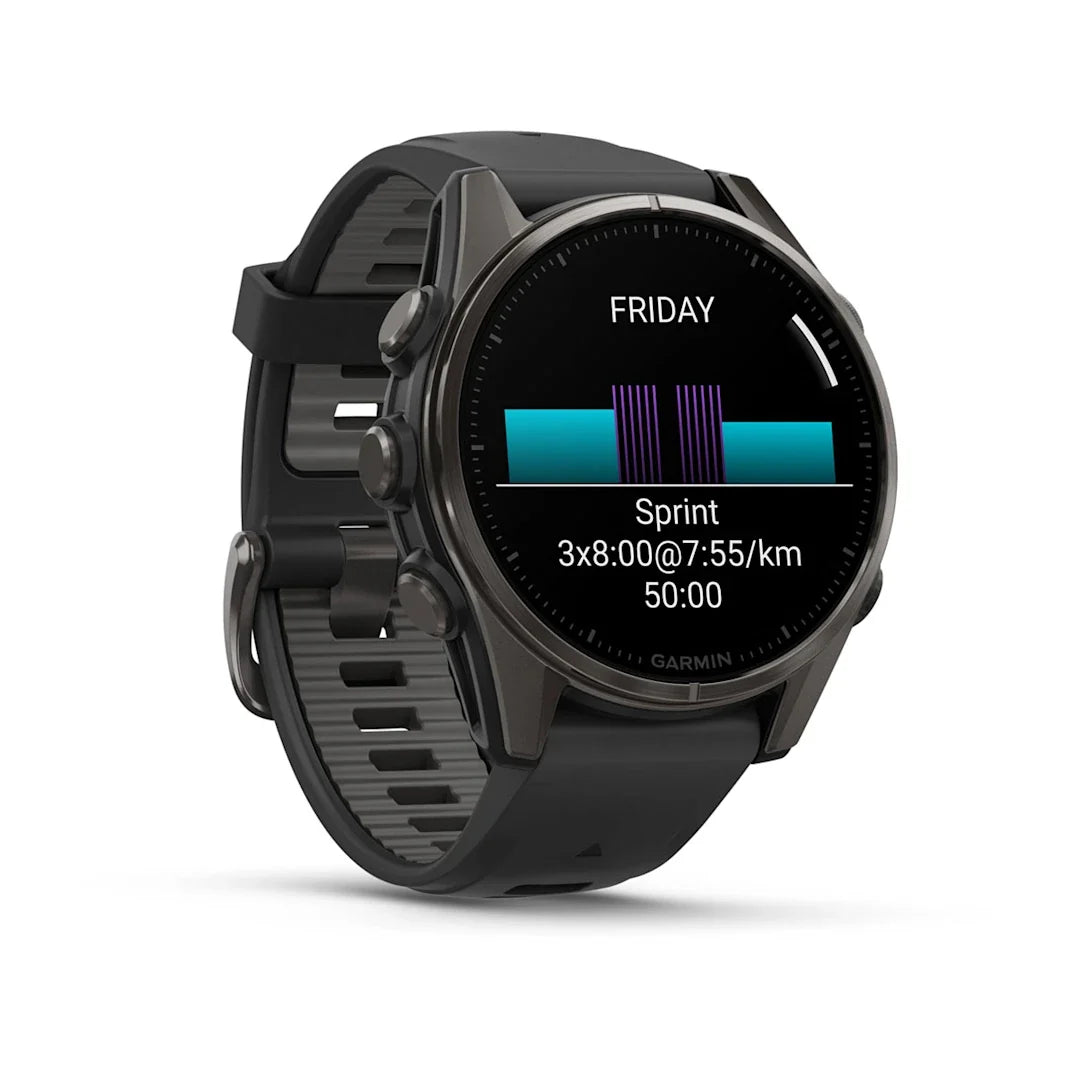 Garmin fēnix 8 – 43 mm AMOLED Sapphire, Carbon Gray DLC Titanium with Black / Pebble Gray Silicone Band