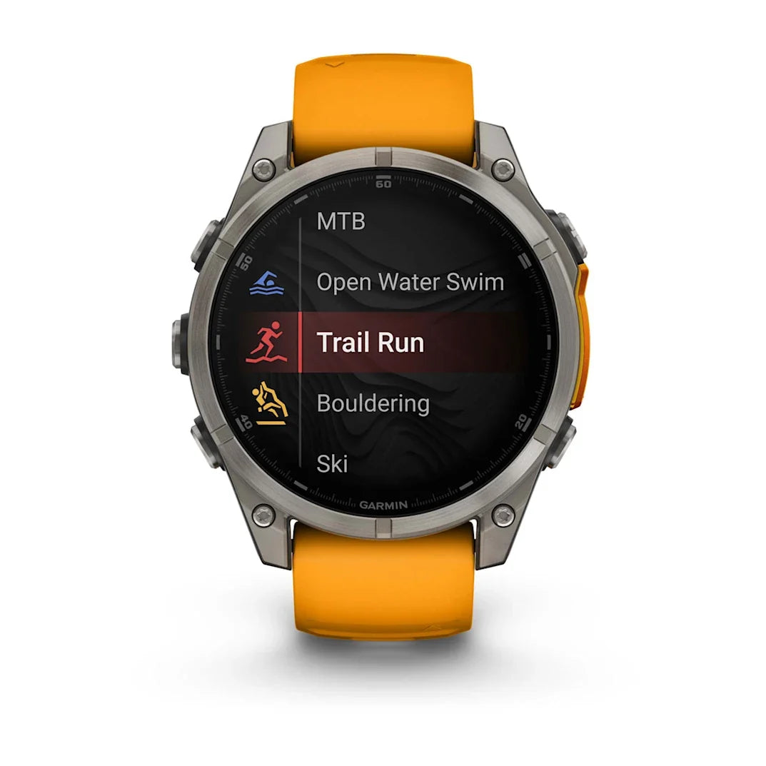 Garmin fēnix 8 – 47 mm AMOLED Sapphire Titanium with Spark Orange / Graphite Silicone Band