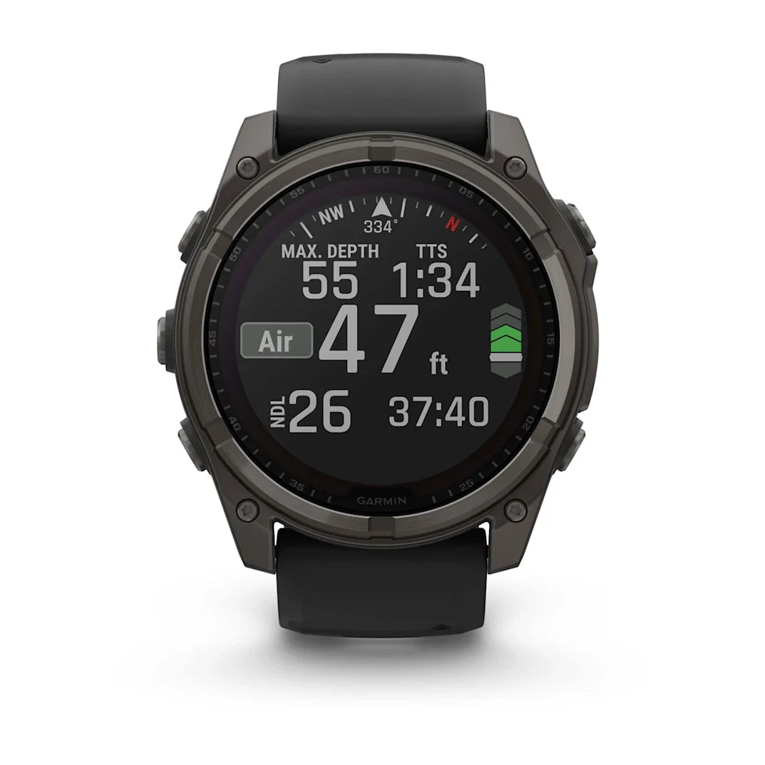Garmin fēnix 8 – 51 mm Solar Sapphire Carbon Gray DLC Titanium with Black / Pebble Gray Silicone Band