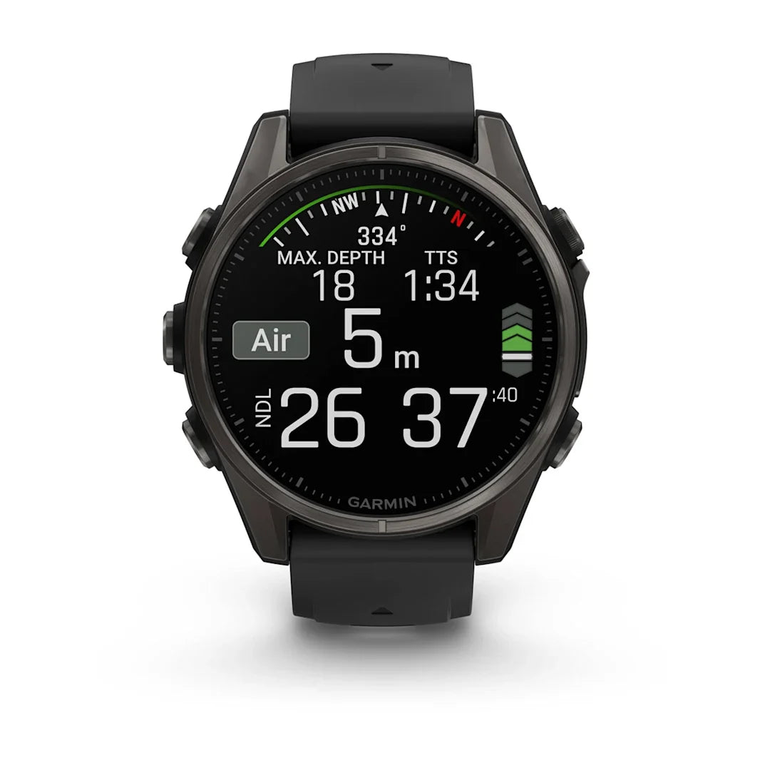 Garmin fēnix 8 – 43 mm AMOLED Sapphire, Carbon Gray DLC Titanium with Black / Pebble Gray Silicone Band