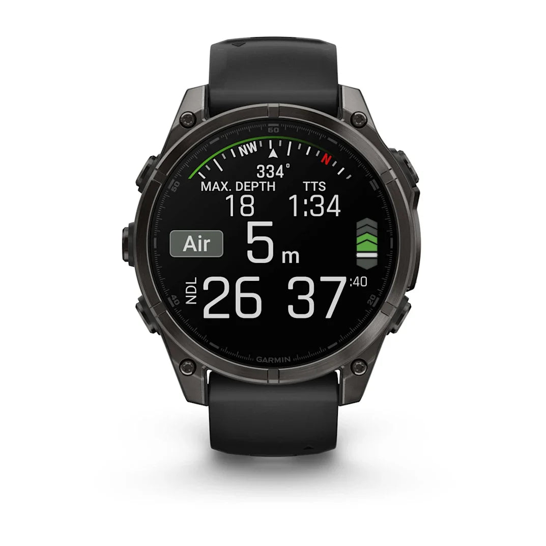 Garmin fēnix 8 – 47 mm AMOLED Sapphire Carbon Gray DLC Titanium with Black / Pebble Gray Silicone Band