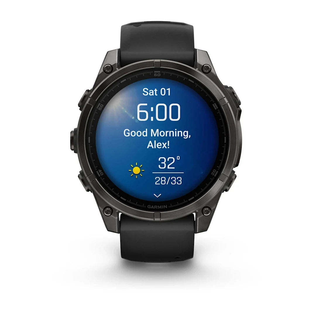 Garmin fēnix 8 – 47 mm AMOLED Sapphire Carbon Gray DLC Titanium with Black / Pebble Gray Silicone Band