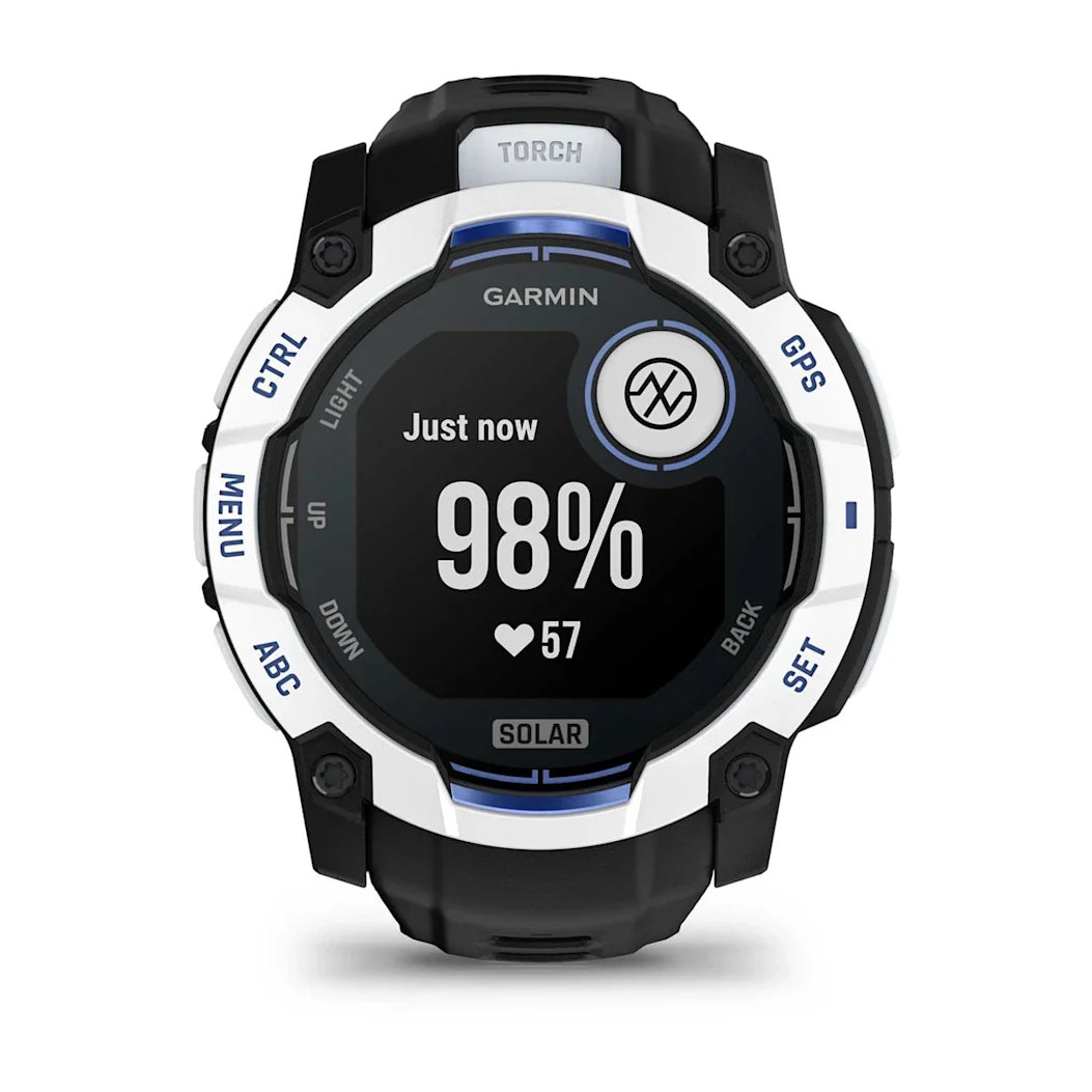 Garmin Instinct 3 – 50 mm Solar Whitestone with Black / Bolt Blue Band