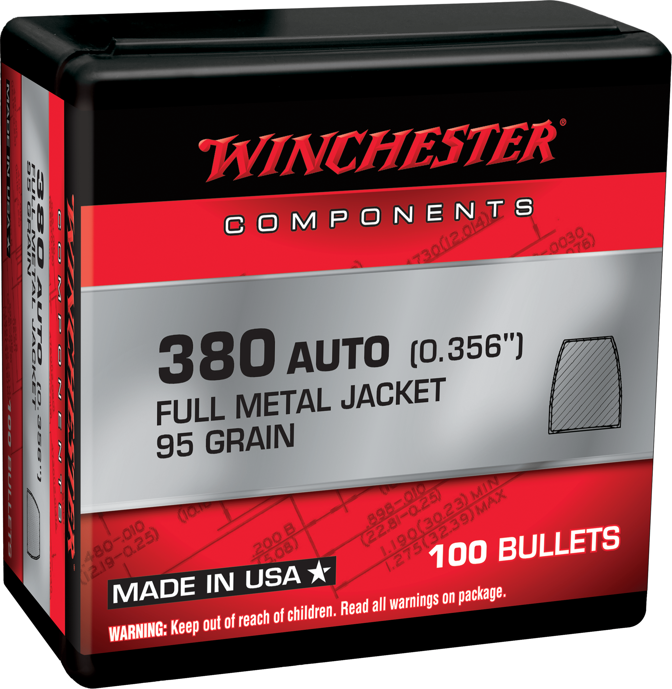 Winchester .380 ACP .356 95gr Full Metal Jacket Bullets - 100 Count