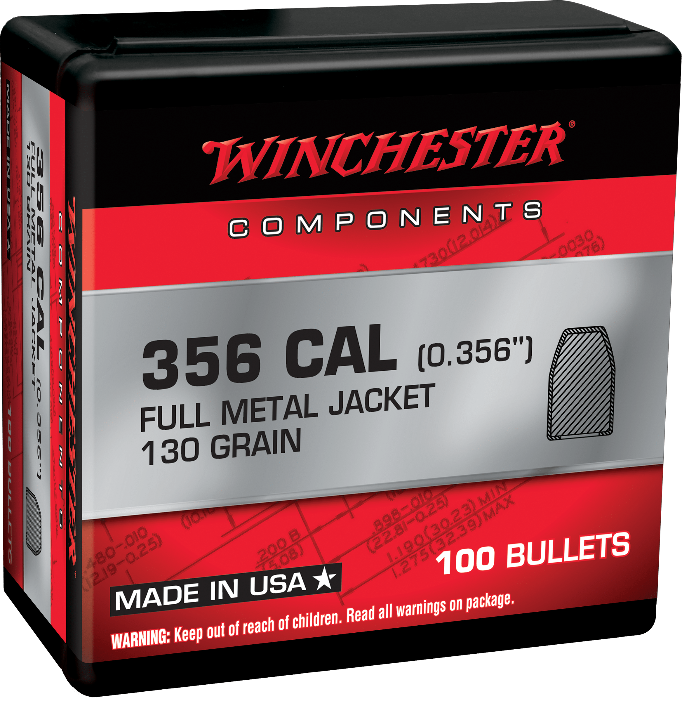 Winchester .356 130gr Full Metal Jacket Bullets - 100 Count