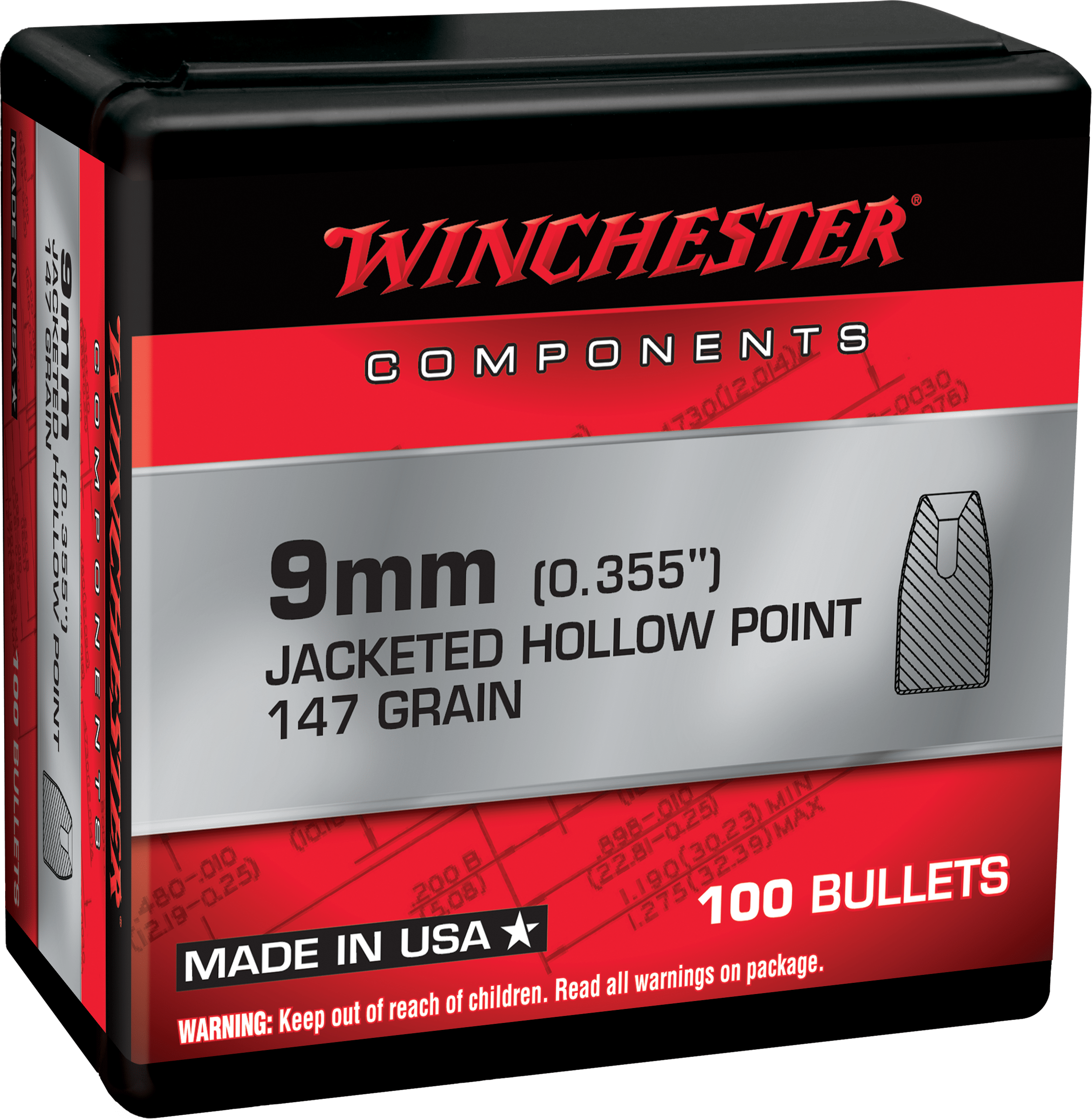 Winchester 9mm .355 147gr Jacketed Hollow Point Bullets - 100 Count