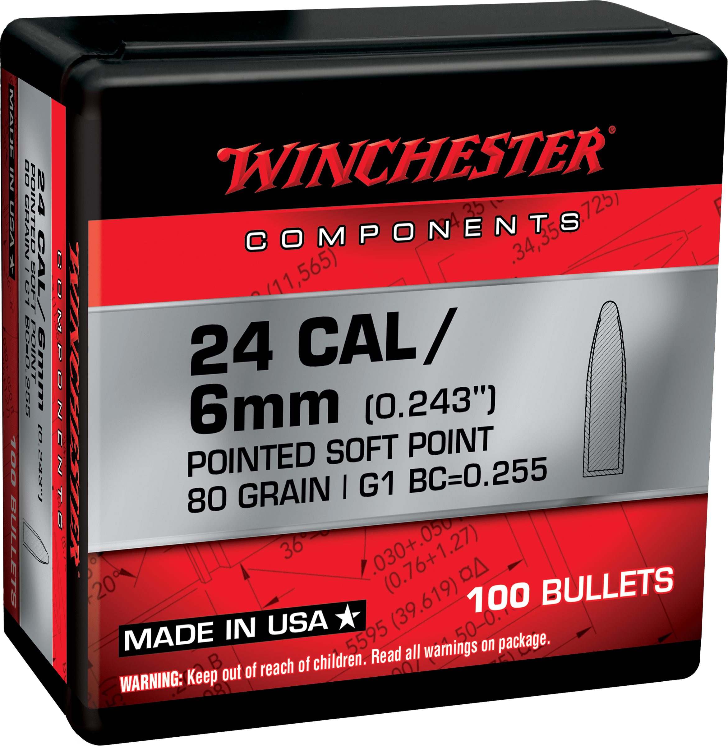Winchester .243 Caliber 80gr Pointed Soft Point Bullets - 100 Count
