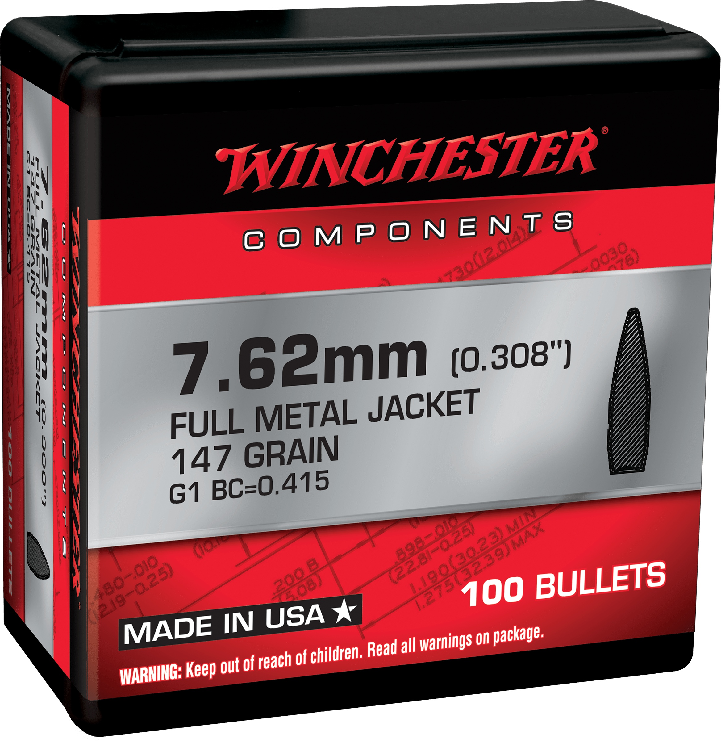 Winchester .308 147gr Full Metal Jacket Boat Tail Bullets - 100 Count
